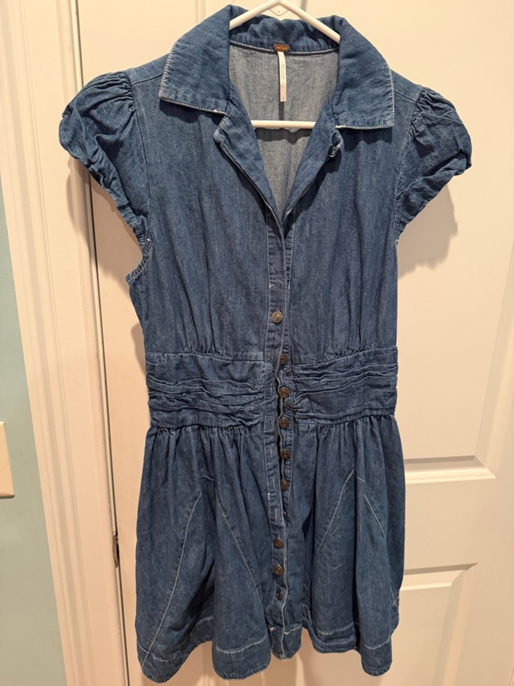 Free People Denim Button-Front Short Sleeve Dress in Blue